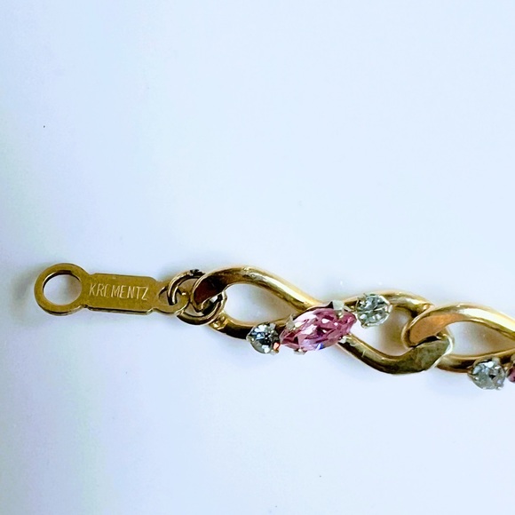 VTG Signed Krementz 14K GOLD Overlay Pink Clear Topaz  Bracelet c1940s NIB - Picture 8 of 10